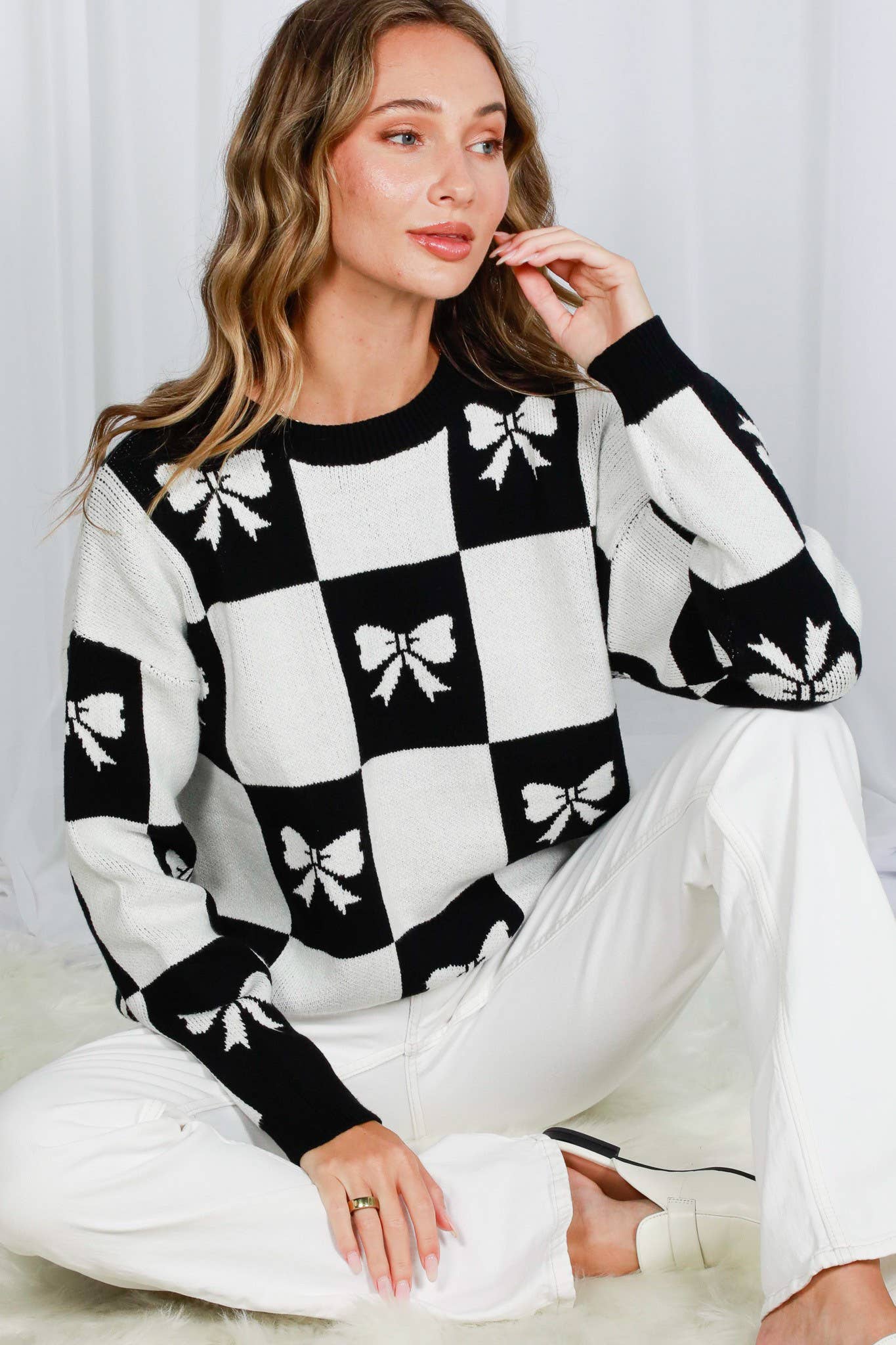 Checkered Bow Printed Sweater