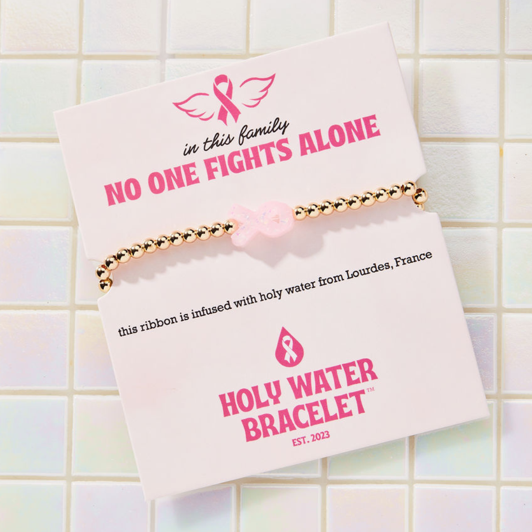 HOLY WATER PINK RIBBON AWARENESS BRACELET : Waterproof Gold