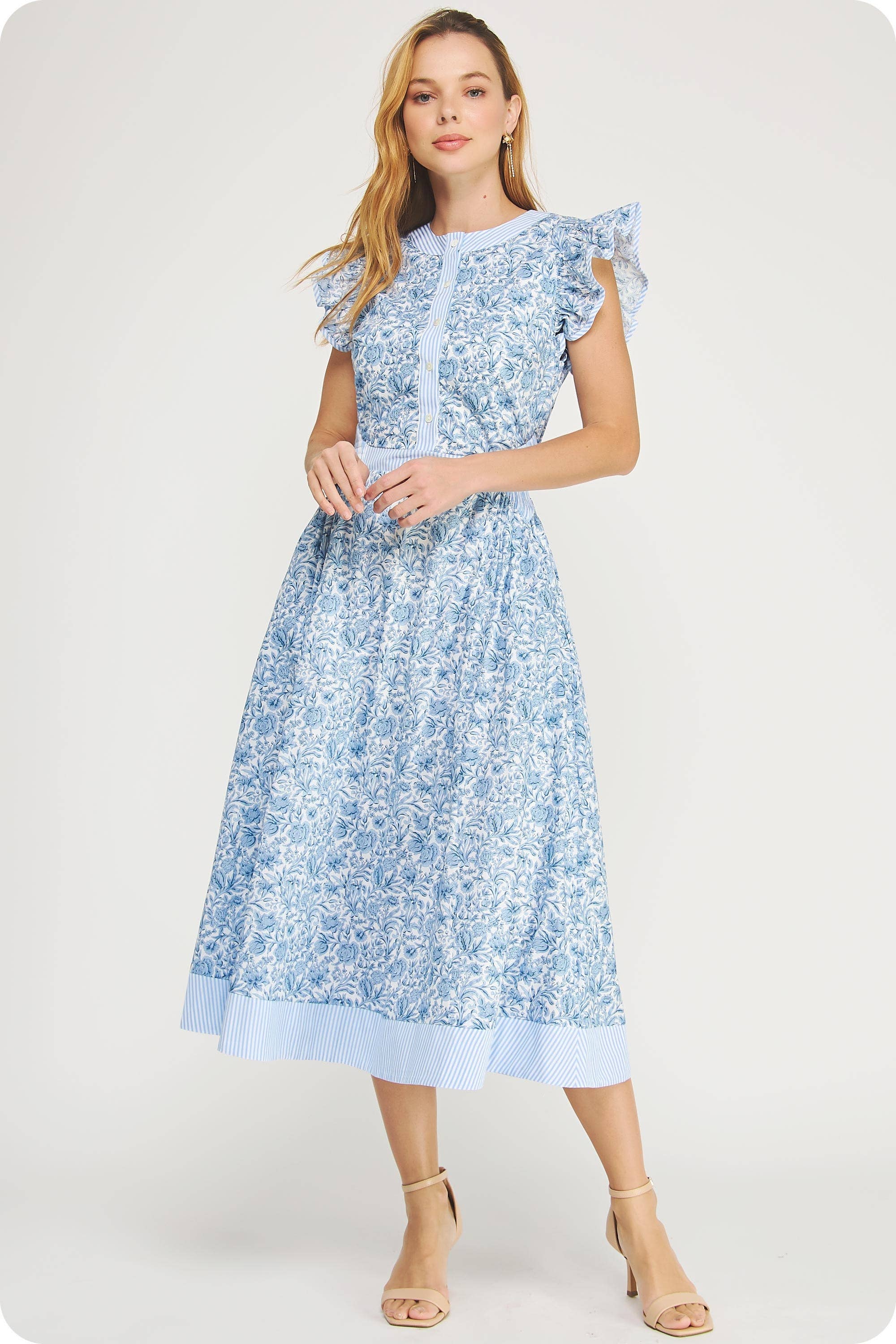 Floral Print Stripe Contrast Midi Dress