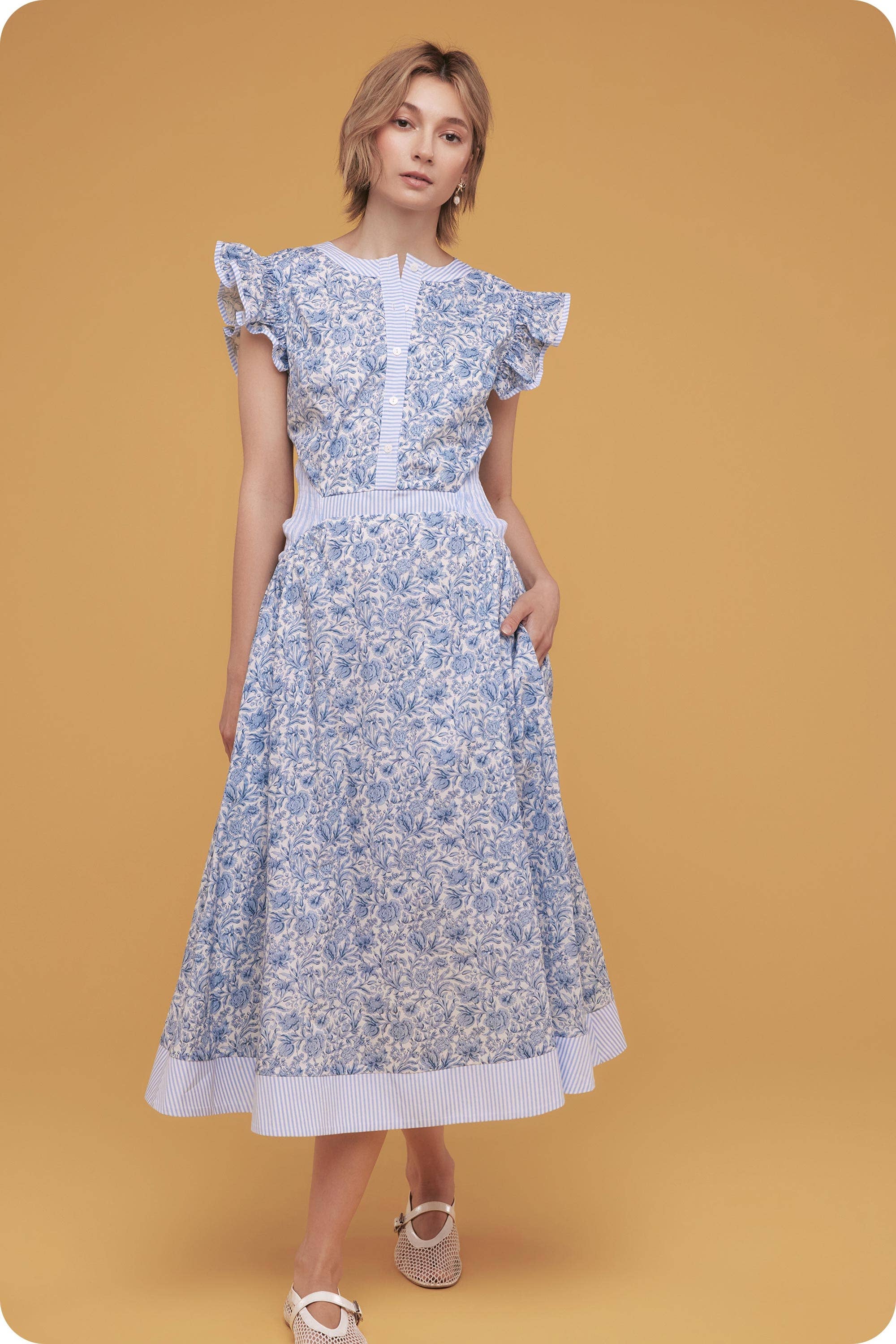 Floral Print Stripe Contrast Midi Dress