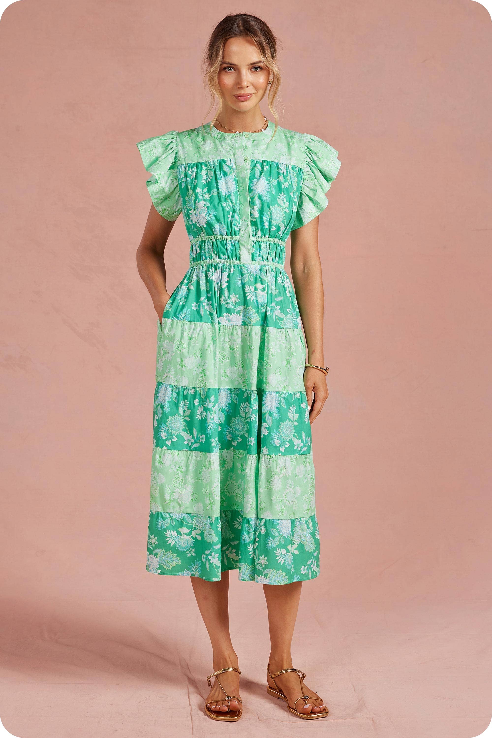 Botanical Garden Color Block Tiered Midi Dress
