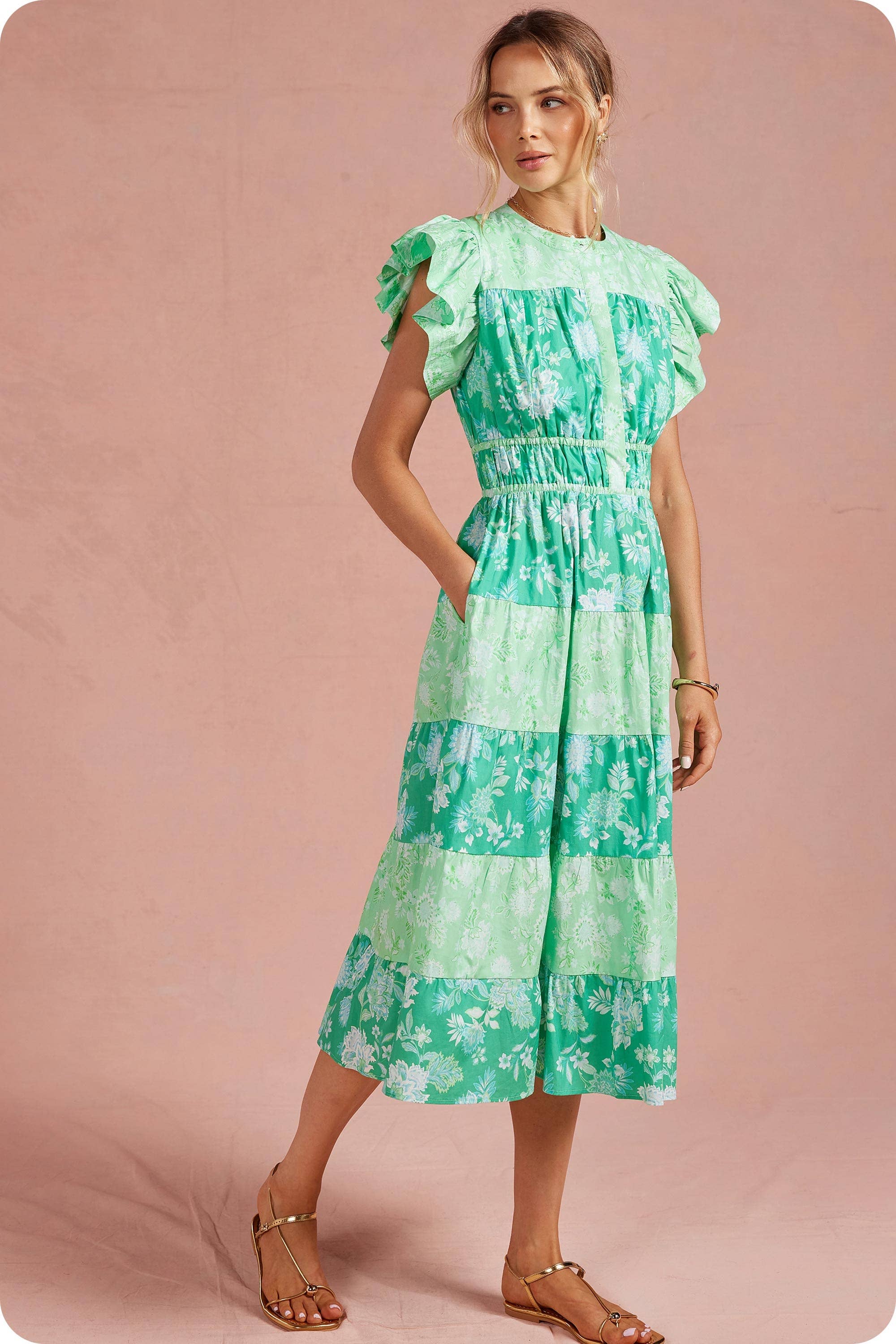 Botanical Garden Color Block Tiered Midi Dress