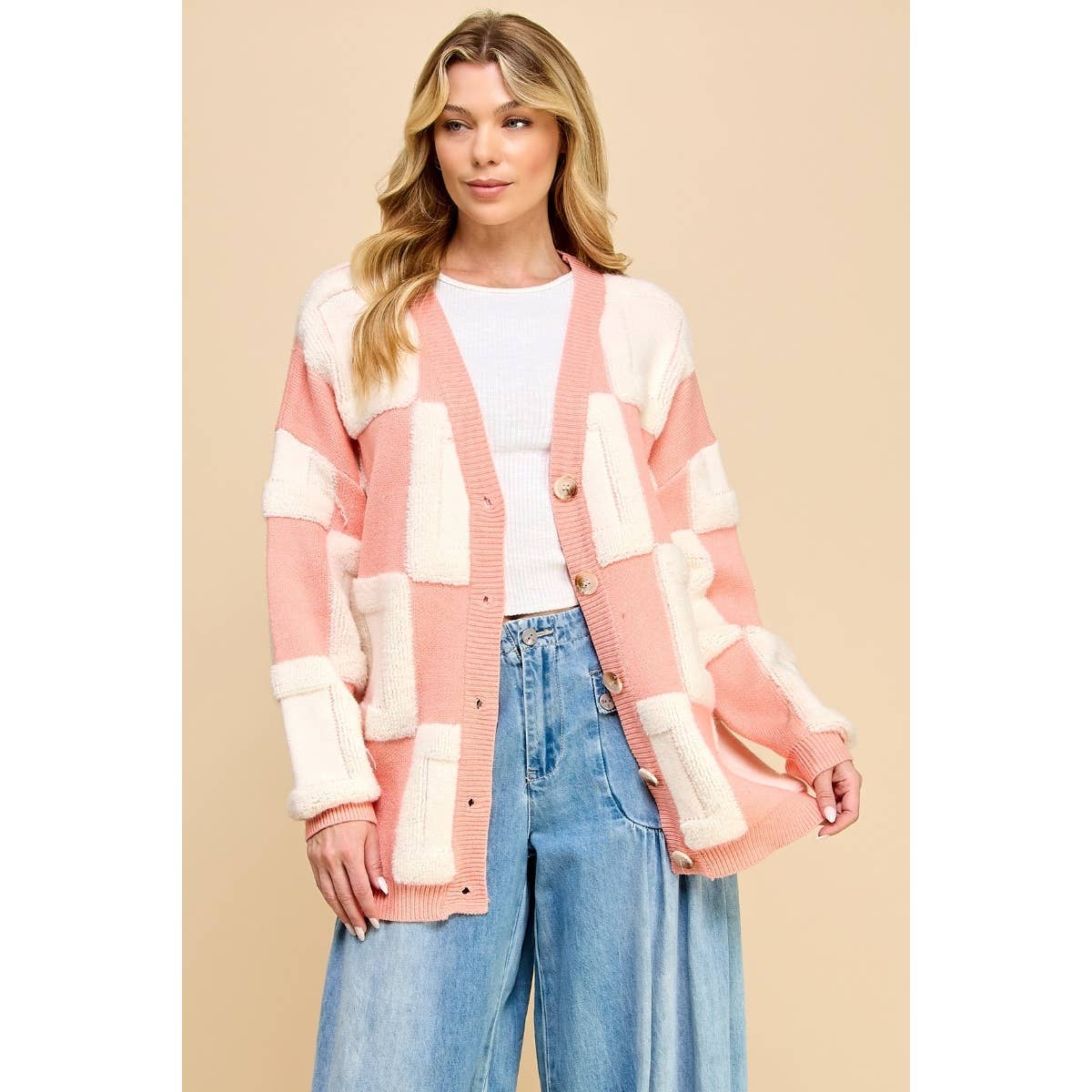 Square Chess Chunky Knit Cardigan