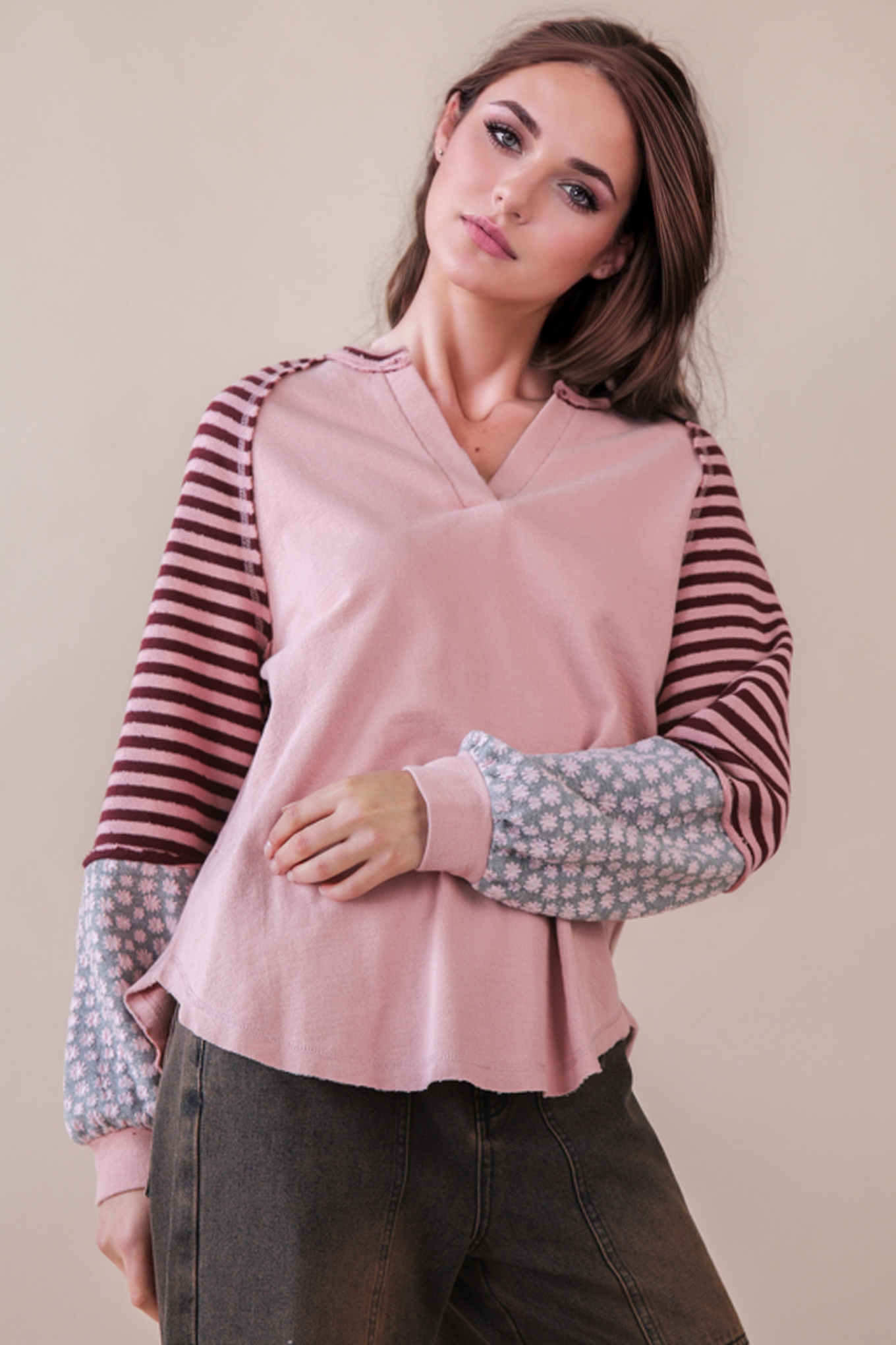 Oversized Floral & Stripe Casual Knit
