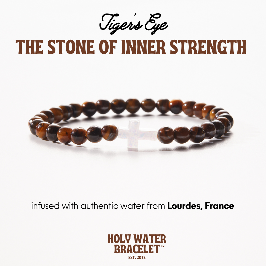 HOLY WATER MEN'S GEMSTONE CROSS BRACELET: Tiger's Eye