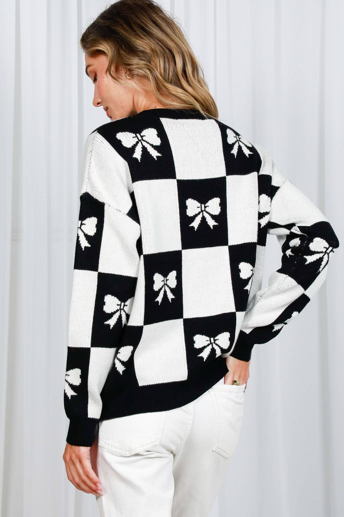 Checkered Bow Printed Sweater