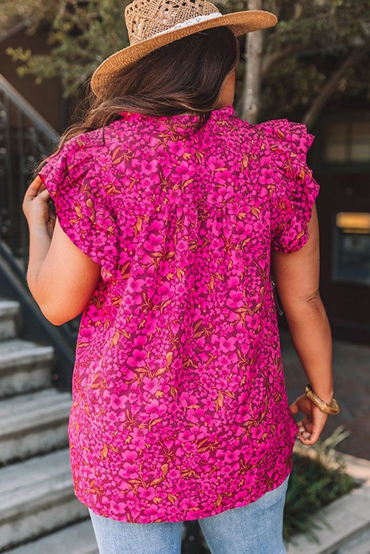 Plus Floral Print Ruffle Sleeve Shift Top