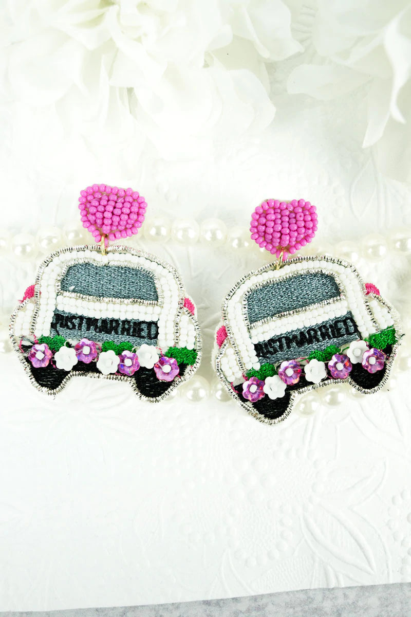 White & Lilac "Just Married" Earrings