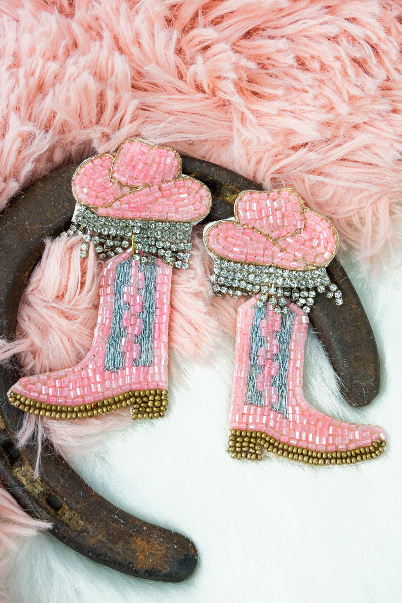 Pink Cowgirl Hat & Boot Seed Bead Earrings