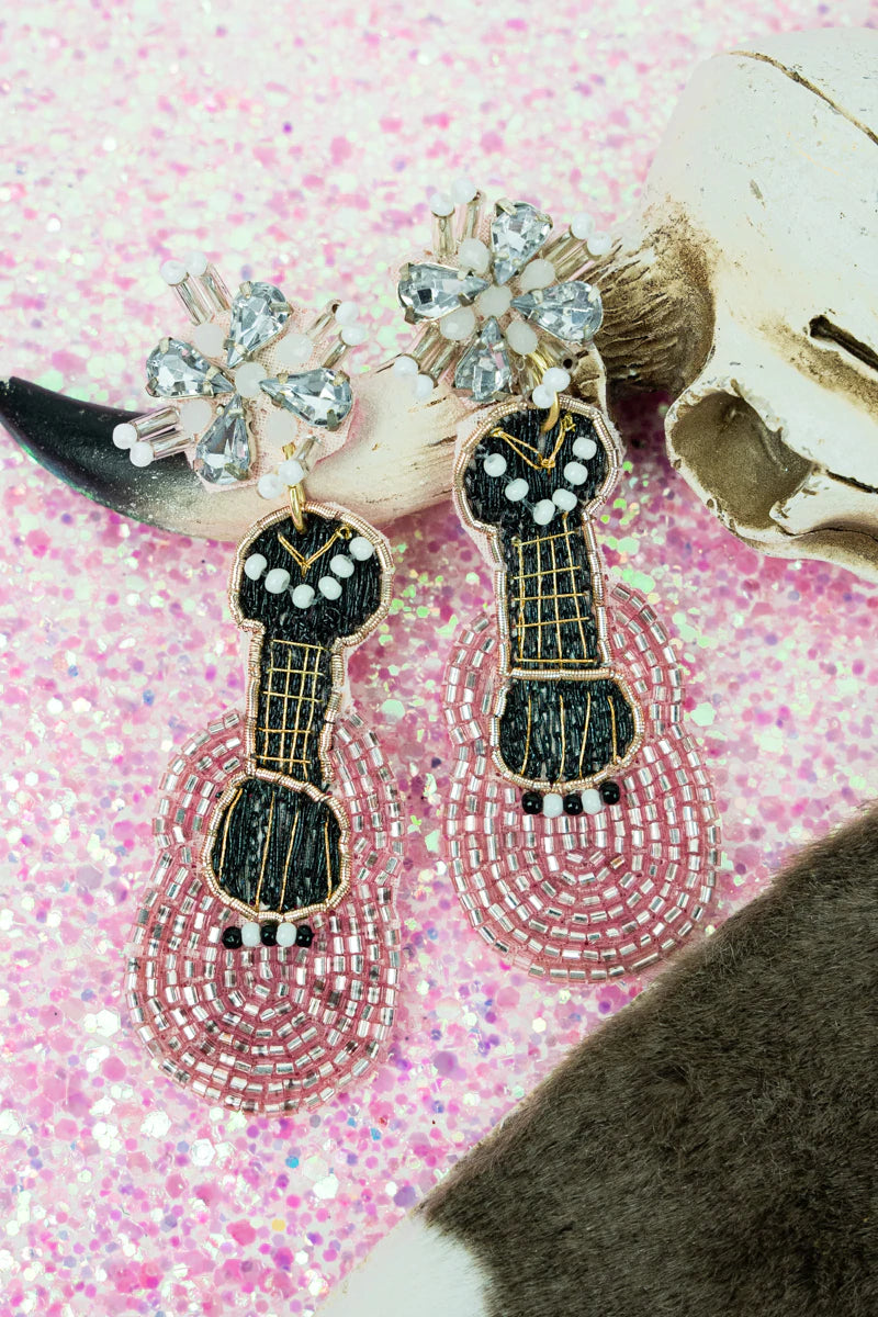 Pink Guitar Seed Bead Earrings
