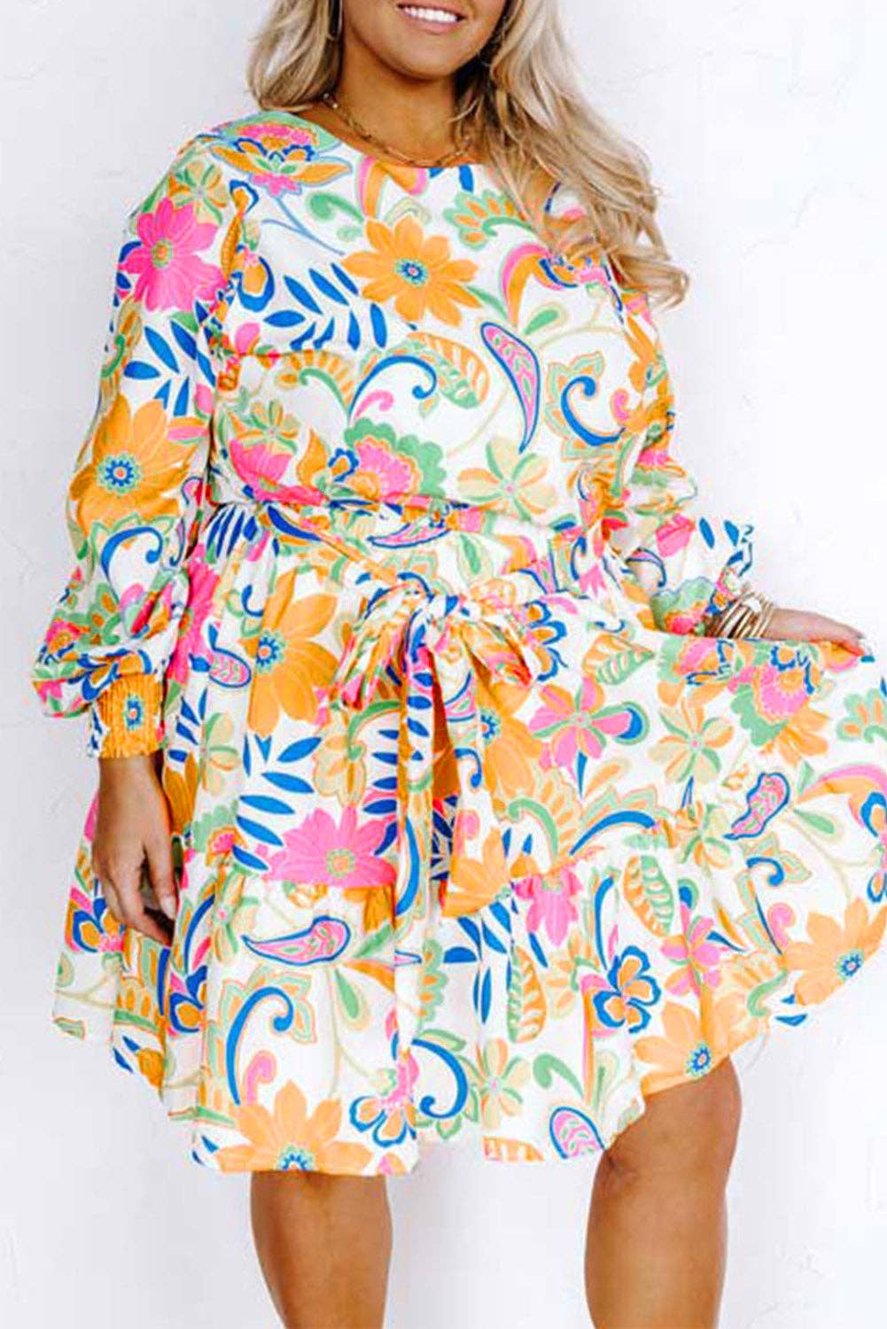 Paisley Floral Print Belted Plus Size Dress