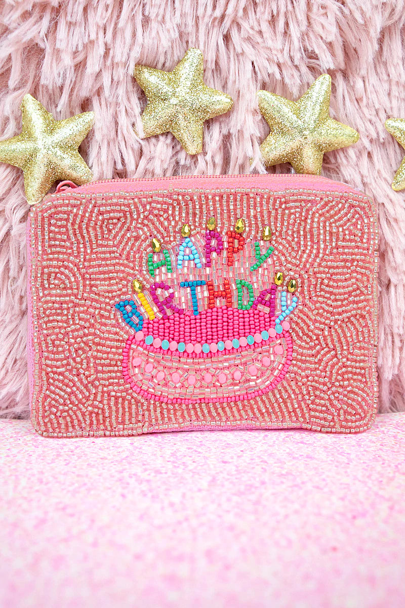 Happy Birthday Pink Seed Bead Coin Purse