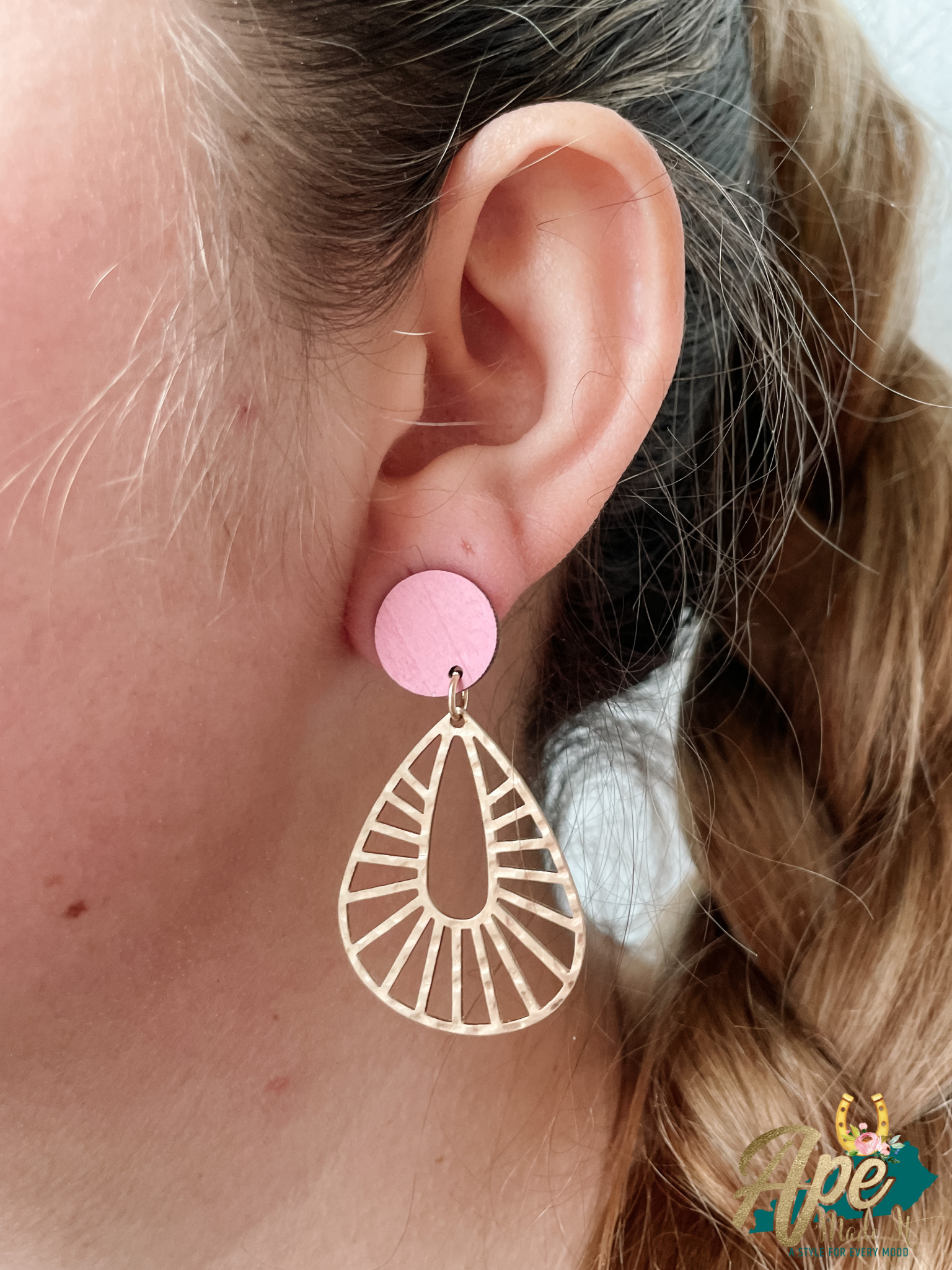Gold & Pink Wooden Dangle Earrings