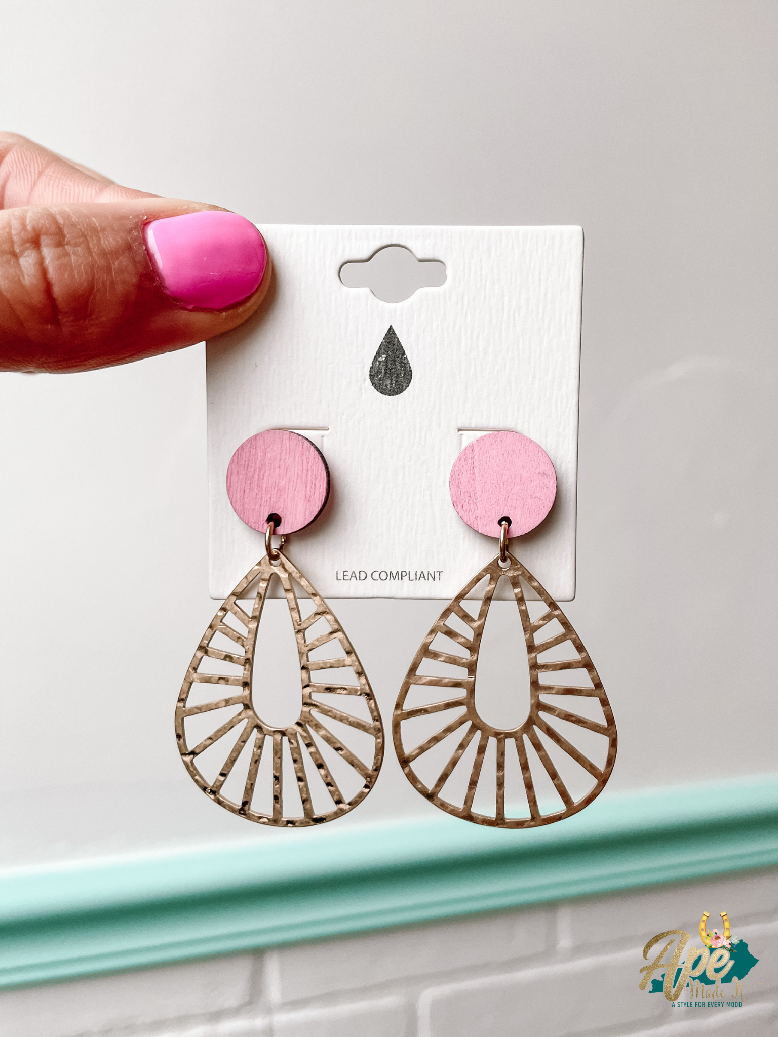 Gold & Pink Wooden Dangle Earrings