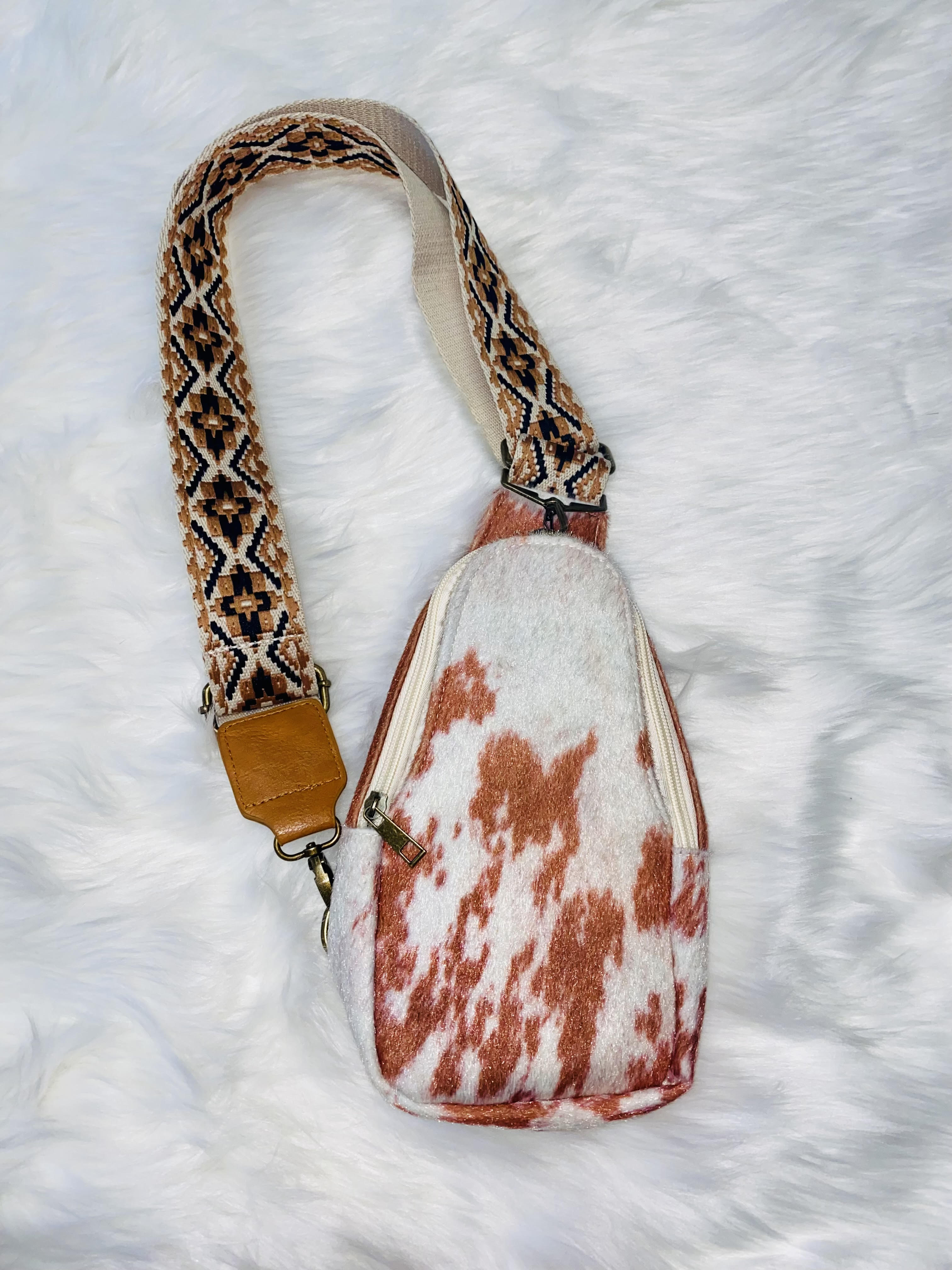 Cow print Sling Bag with Guitar Strap
